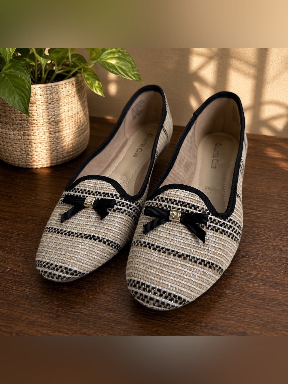 Charter Club Kimii Ballet Flats Women’s 8.5M Woven Raffia Beige Black Bow